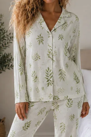 Kadın Örme Gömlek Yaka Çağla Yeşili Pijama Takımı