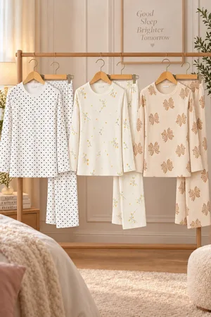 3'Lü Kadın Desenli Uzun Kollu Pijama Takımı Ekru