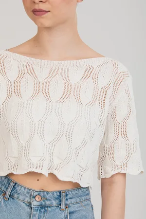 Zarif Ajurlu Dokulu Beyaz Crop Triko Bluz – Standart Beden - Beyaz