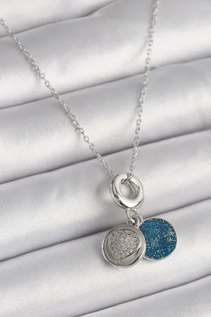 316L Çelik Gümüş Renk Zincir Zirkon Taşlı İşleme Mavi Simli Kadın Kolye