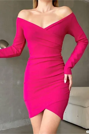 Kruvaze Uzun Yaka Büzgülü Mini Elbise Kollu