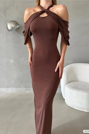 Simli Dekolteli Kumaş Elbise Askılı