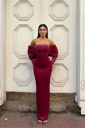 Esnek Straplez Abiye Kumaş Tül Elbise