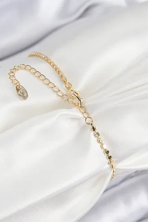 Pirinç Zirkon Taşlı Damla Model Ezme Zincir Gold Renk Kadın Bileklik