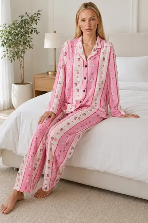 Kadın Desenli Relaxed Pembe Pijama Takımı 4658
