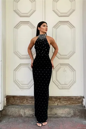 Balıkçı Kollu Abiye Kesim Balık Uzun Yaka Elbise