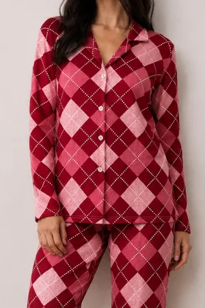 Kadın Düğmeli Kışlık Ev Kırmızı Pijama Takımı
