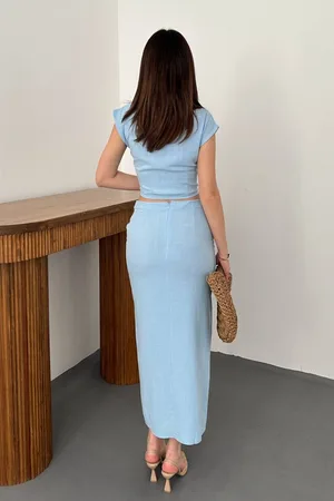 Bebe Mavisi Düğme Detaylı Tokalı Etek Takımı - Bebe Mavi
