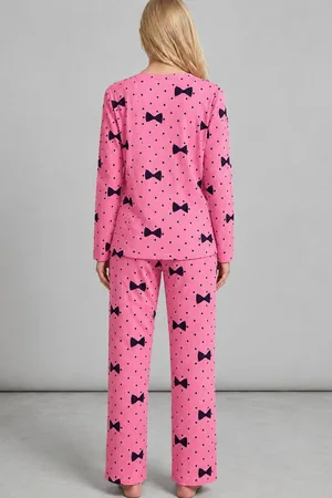 Kadın Desenli Nefes Alan Pembe Pijama Takımı 4694