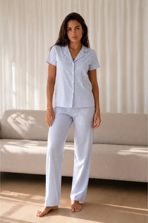 Kadın Loose Uzun Paça Pamuk Mavi Pijama Takımı