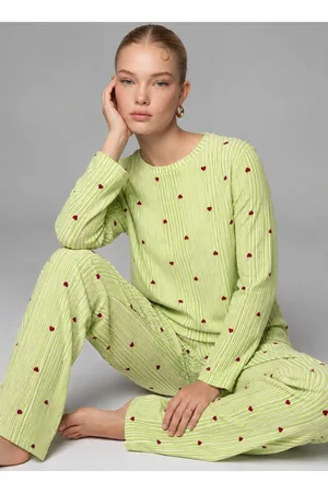 3'Lü Kadın Desenli Uzun Kollu Pijama Takımı Beyaz