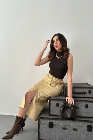 Altın Varaklı Gabardin Yırtmaçlı Etek