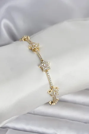 Pirinç Gold Renk Yıldız Model Zirkon Taşlı Kadın Bileklik