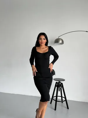 Triko Dokulu Uzun Kollu Vücuda Oturan Midi Elbise-Siyah - Siyah