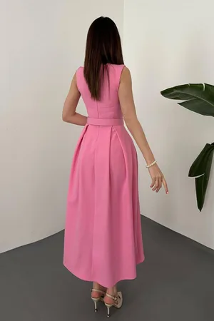 Pembe Halter Yaka Kloş Elbise - PEMBE