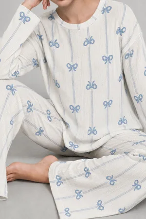 Kadın Desenli Nefes Alan Ekru Pijama Takımı 4690