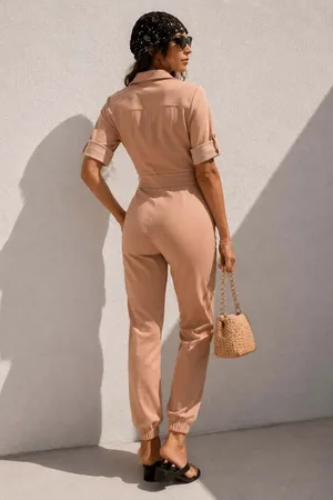 Krep Kısa Tulum Kumaş Kuşaklı Kollu