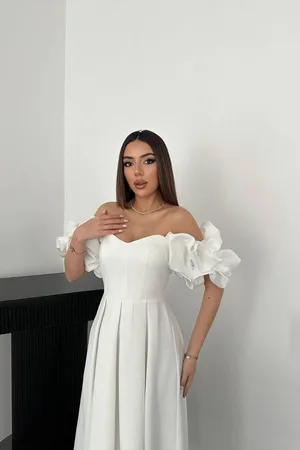 ✨ Beyaz Balon Kollu Midi Abiye Elbise – Zarif ve Şık Davet Stili ✨ - BEYAZ