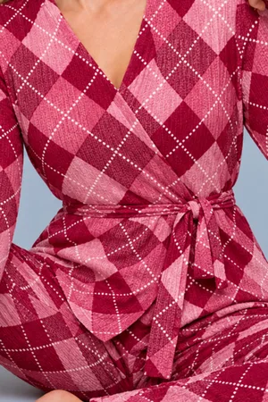 Kadın Desenli Ev Stili Kuşaklı Pembe Pijama Takımı 4808