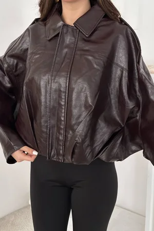 Bordo Kırışık Efektli Deri Ceket