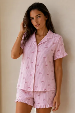 Kadın Düz Pamuk Homewear Pembe Pijama Takımı