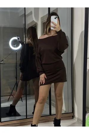 Modal Kumaş Kayık Yaka Mini Elbise - Turuncu