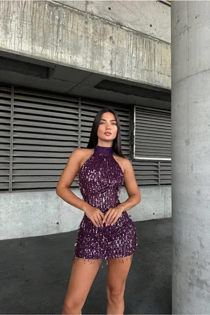 Simli Mini Payetli Abiye Kumaş Yaka Elbise Halter