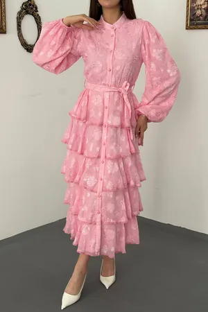 Pembe Valonlu Şeritli Uzun Elbise