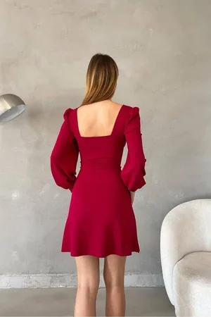 Krep Uzun Yaka Kare Kumaş Elbise Kollu