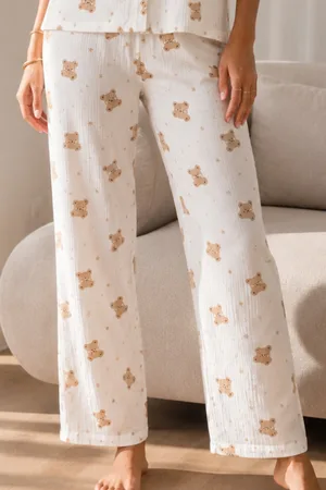 Kadın Loose Uzun Paça Pamuk Kırık Beyaz Pijama Takımı