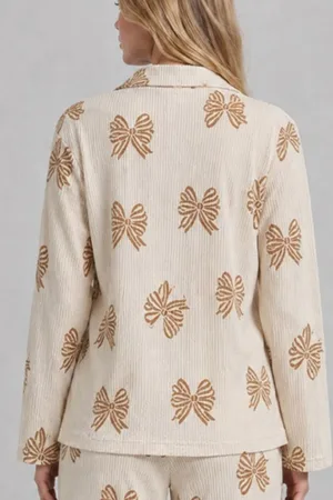 Kadın Desenli Uzun Kollu Krem Pijama Takımı 4762