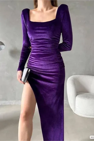 Kadife Yaka Kare Abiye Kumaş Elbise Maxi Yırtmaçlı