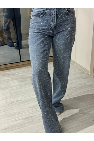 Ön Full Taşlı Wide Leg Koyu Kar Yıkama Pantolon - Mavi