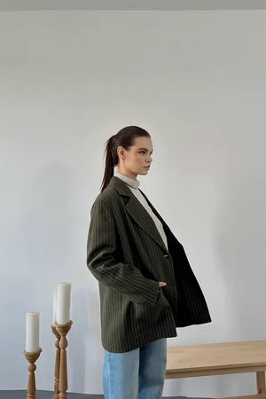 Haki Çizgili Oversize Ceket