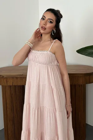 Pembe Askılı Parçalı Çizgili Müslin Elbise