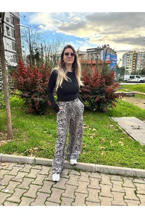 Saten Leopar Desen Bol Paça Pantolon - Gri