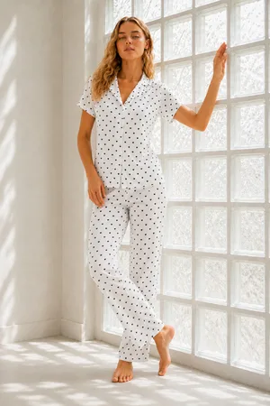 Kadın Genç Loose İpliği Boyalı Kar Beyaz Pijama Takımı