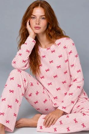 Kadın Çizgili Rahat Kalıp İkili Açık Pembe Pijama Takımı 4805