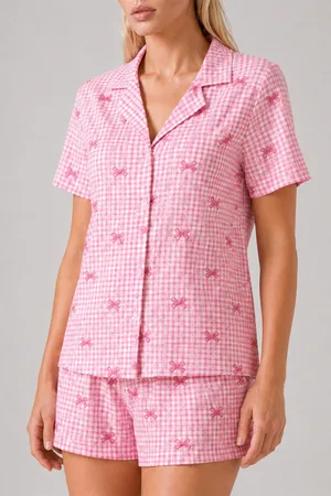 Kadın Pembe Ekose Fiyonk Desenli Kısa Kollu Şortlu Pijama Takımı 4634