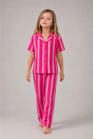 Kız Çocuk Çizgili Gecelik Pembe Pijama Takımı