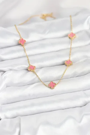 316L Çelik Zincir Gold Renk Pembe Baby Boy Yonca Kadın Kolye