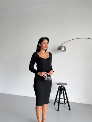 Triko Dokulu Uzun Kollu Vücuda Oturan Midi Elbise-Siyah - Siyah