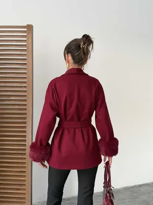 Kürk Detaylı Kemerli Kadın Ceket - Bordo