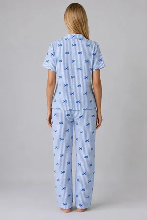 Mavi Kurdele Desenli Çizgili Bürümcük Pijama Takımı 4645-Mavi