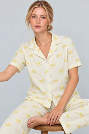 Kadın Gömlek Yaka Desenli İkili Sarı Pijama Takımı 4795