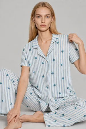 Kadın Kısa Kollu Rahat Mavi Pijama Takımı 4728