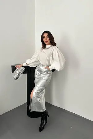 Gümüş Varaklı Gabardin Yırtmaçlı Etek