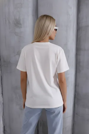 Kadın Oversize T-Shirt Basic Dokulu Pamuklu Kalıp Yaka Yumuşak Bisiklet Ekru