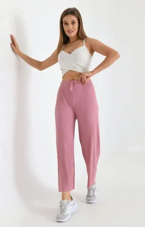 Fitilli Dokulu Beli Lastikli Rahat Ev Pantolonu - Pembe