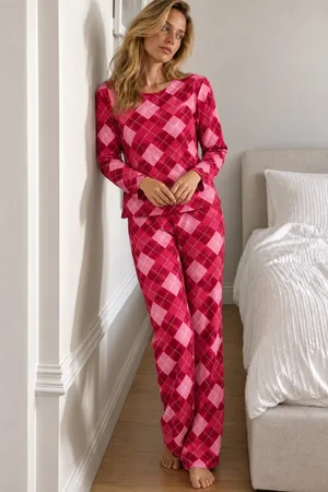 Kadın Çizgili Comfort Fit Kırmızı Pijama Takımı
